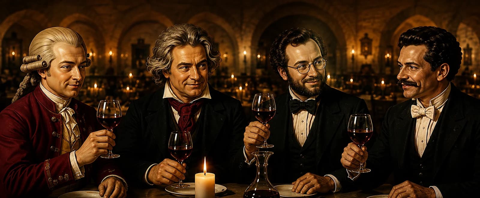 Vier Herren in historischer Kleidung stoßen an einem Tisch im Gewölbe mit Wein an
